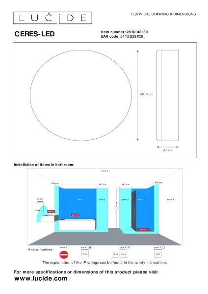 Lucide CERES-LED - Lámpara de techo Baño - Ø 21,5 cm - LED Regul. - 1x30W 3000K - IP44 - Negro - técnico